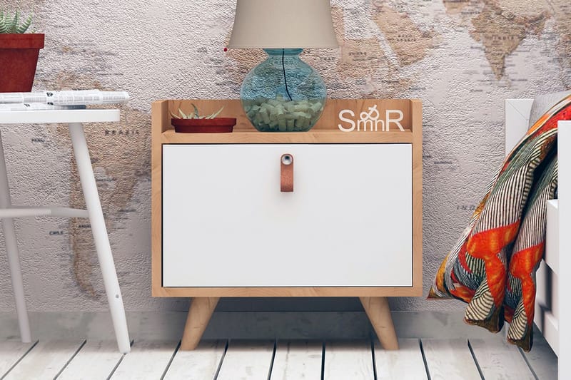 Mod Design Nattbord 50 cm med Oppbevaring Skap Lærbeslag - Tre/Hvit - Møbler - Bord - Avlastningsbord - Sengebord & nattbord
