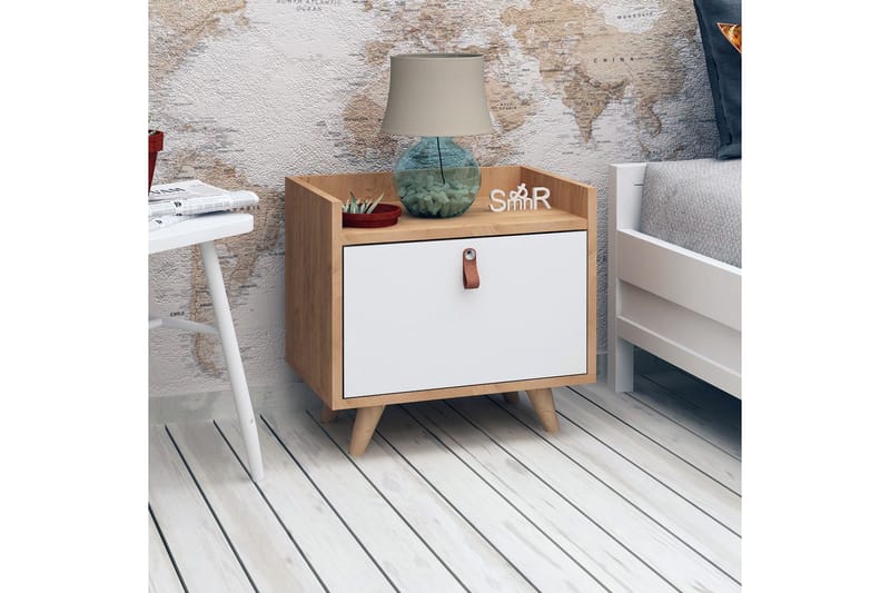 Mod Design Nattbord 50 cm med Oppbevaring Skap Lærbeslag - Tre/Hvit - Møbler - Bord - Avlastningsbord - Sengebord & nattbord