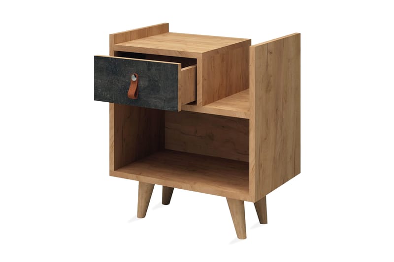 Mod Design Nattbord 50 cm med Oppbevaring Skuff + Hylle Lærb - Grå/Tre - Møbler - Bord - Avlastningsbord - Sengebord & nattbord