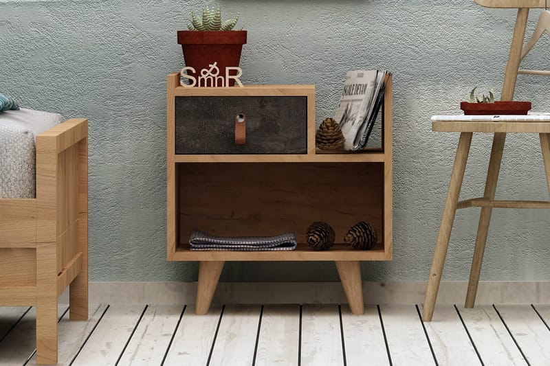 Mod Design Nattbord 50 cm med Oppbevaring Skuff + Hylle Lærb - Grå/Tre - Sengebord & nattbord