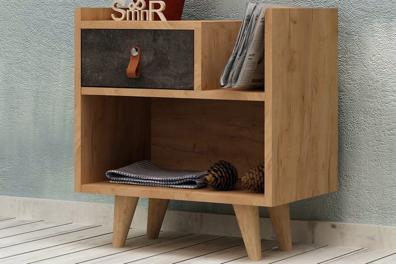 Mod Design Nattbord 50 cm med Oppbevaring Skuff + Hylle Lærb - Grå/Tre - Møbler - Bord - Avlastningsbord - Sengebord & nattbord