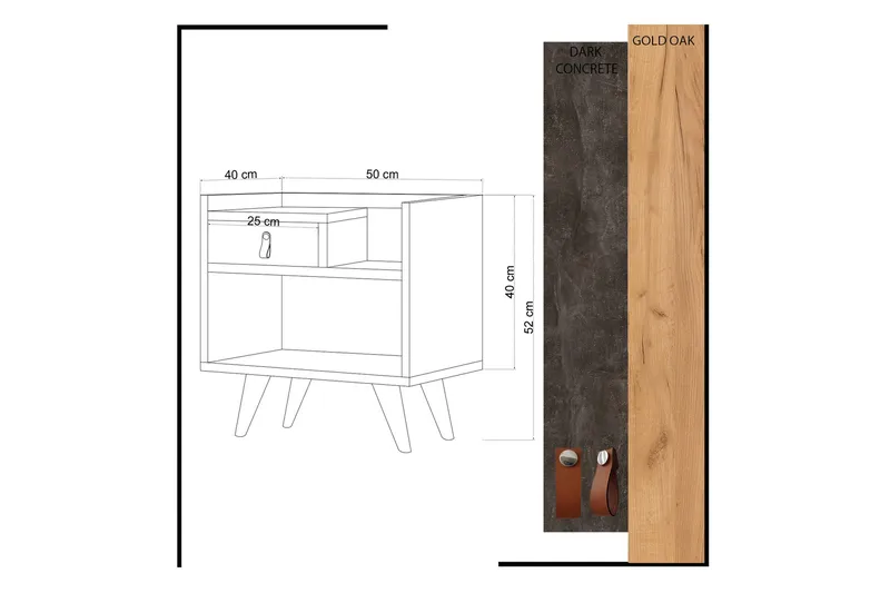 Mod Design Nattbord 50 cm med Oppbevaring Skuff + Hylle Lærb - Grå/Tre - Møbler - Bord - Avlastningsbord - Sengebord & nattbord