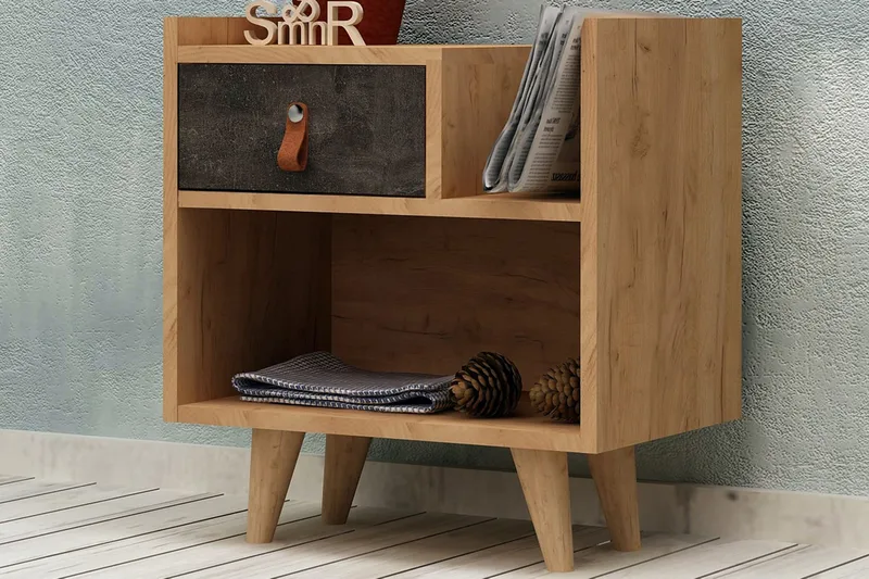 Mod Design Nattbord 50 cm med Oppbevaring Skuff + Hylle Lærb - Grå/Tre - Møbler - Bord - Avlastningsbord - Sengebord & nattbord