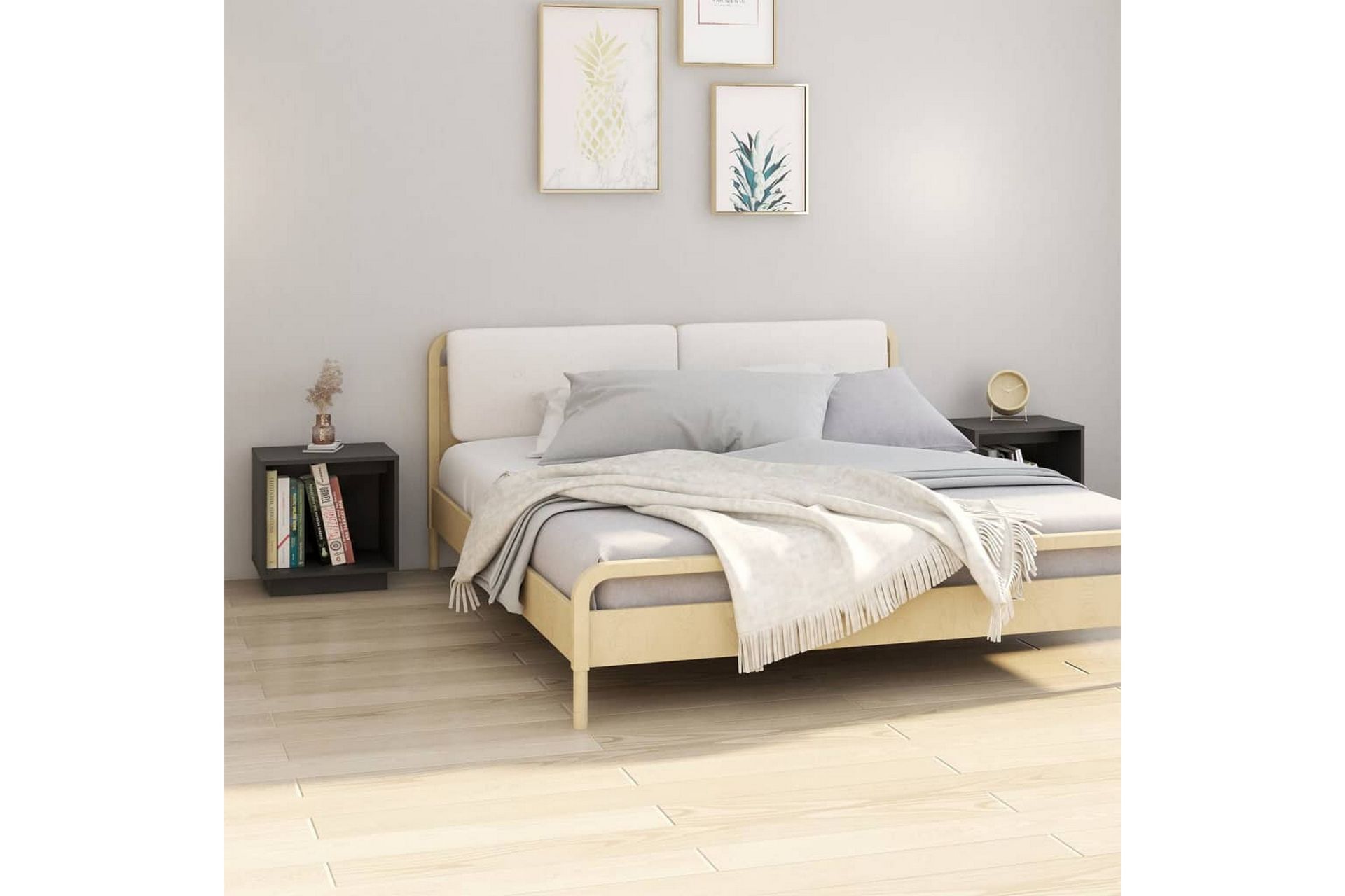 Nattbord 2 stk grå 40x30x40 heltre furu - Grå - Møbler - Bord - Avlastningsbord - Sengebord & nattbord