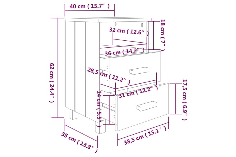 Nattbord 2 stk hvit 40x35x62 cm heltre furu - Hvit - Sengebord & nattbord