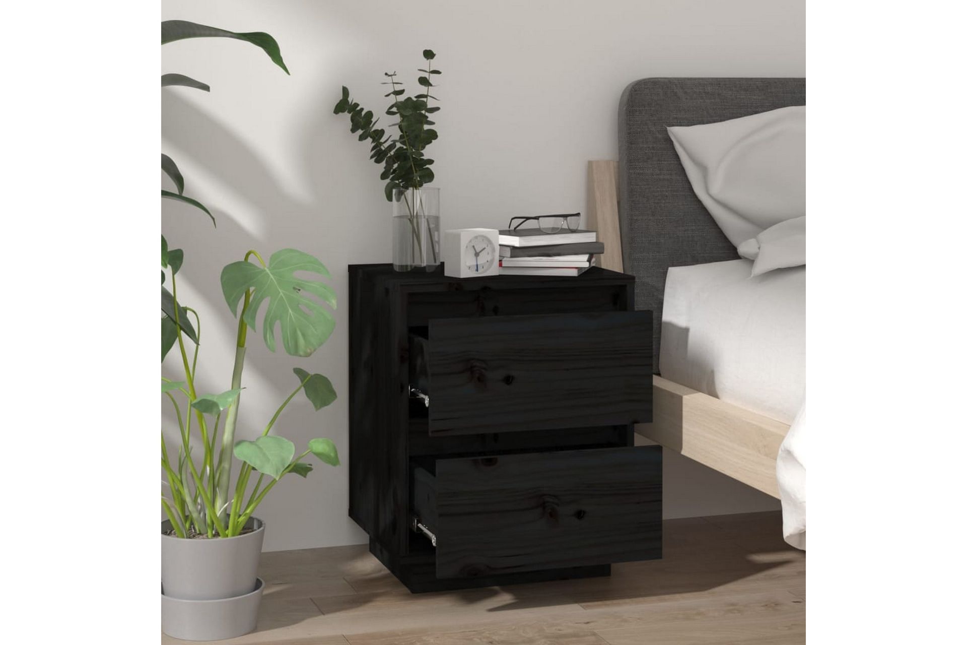 Nattbord 2 stk svart 40x35x50 heltre furu - Svart - Møbler - Bord - Avlastningsbord - Sengebord & nattbord