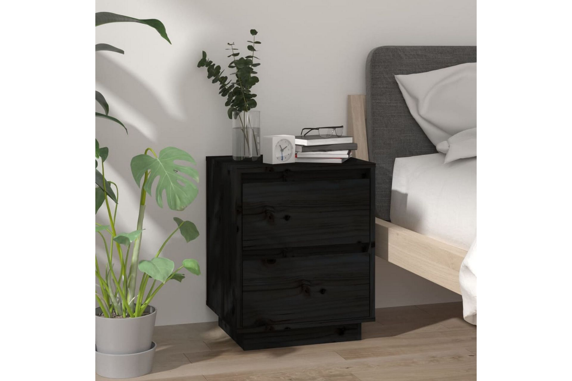 Nattbord 2 stk svart 40x35x50 heltre furu - Svart - Møbler - Bord - Avlastningsbord - Sengebord & nattbord