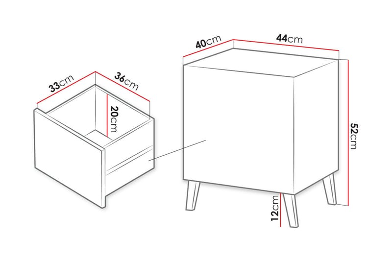 Nattbord 44 cm - Matt Hvit/Svart - Sengebord & nattbord