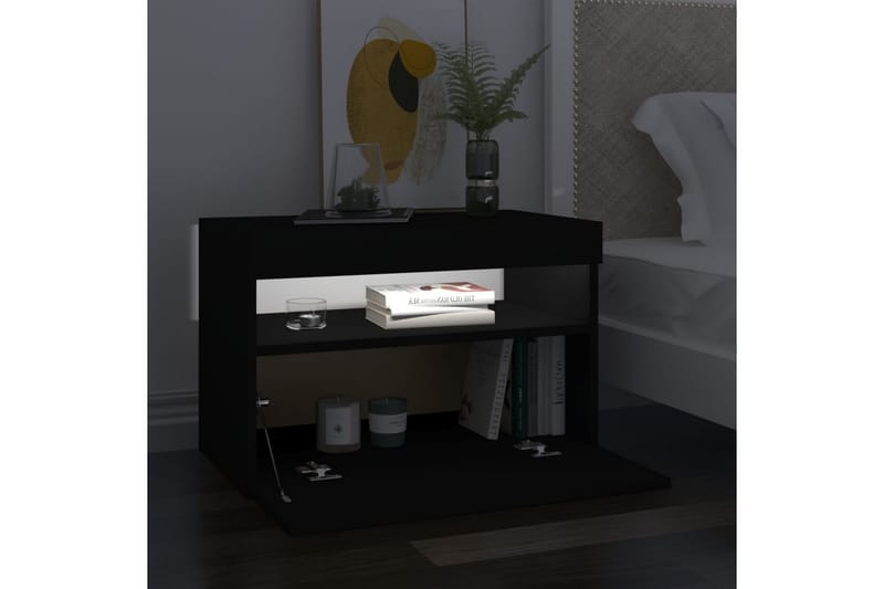 Nattbord med LED-lys svart 60x35x40 cm sponplate - Svart - Møbler - Bord - Avlastningsbord - Sengebord & nattbord