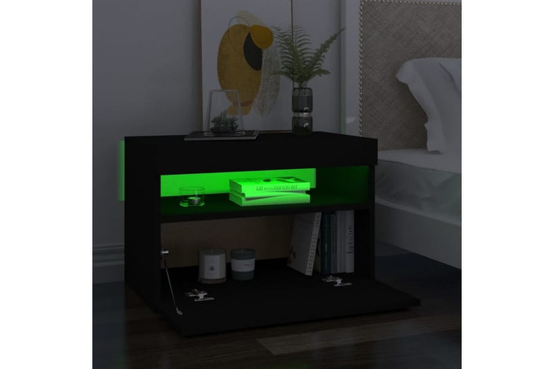 Nattbord med LED-lys svart 60x35x40 cm sponplate - Svart - Møbler - Bord - Avlastningsbord - Sengebord & nattbord