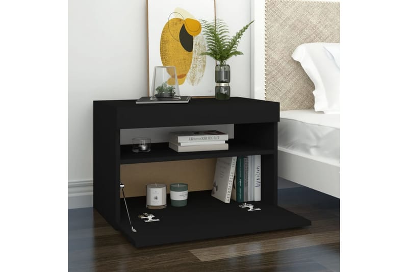 Nattbord med LED-lys svart 60x35x40 cm sponplate - Svart - Møbler - Bord - Avlastningsbord - Sengebord & nattbord