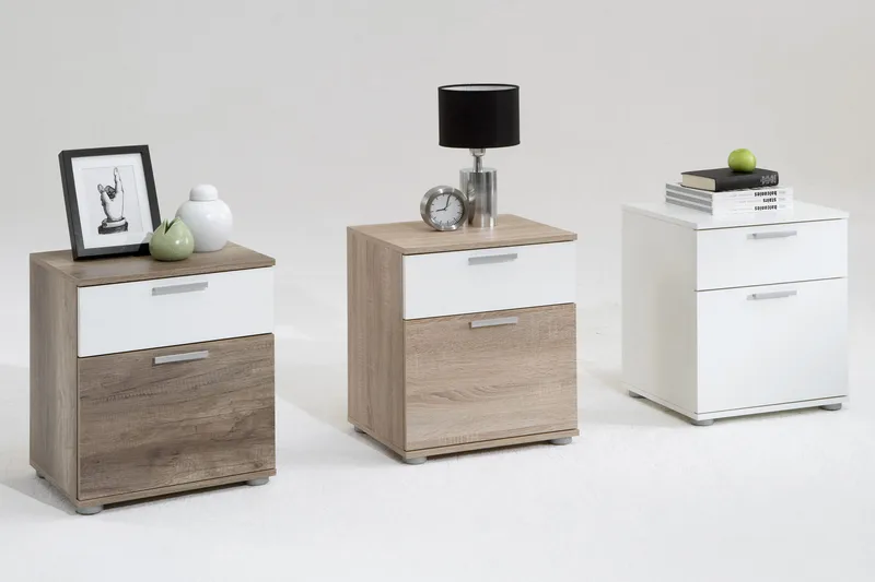 Polyxo Nattbord 38 cm med Oppbevaring 2 Skuffer - Hvit/Eikfarge/Lysegrå - Møbler - Bord - Avlastningsbord - Sengebord & nattbord