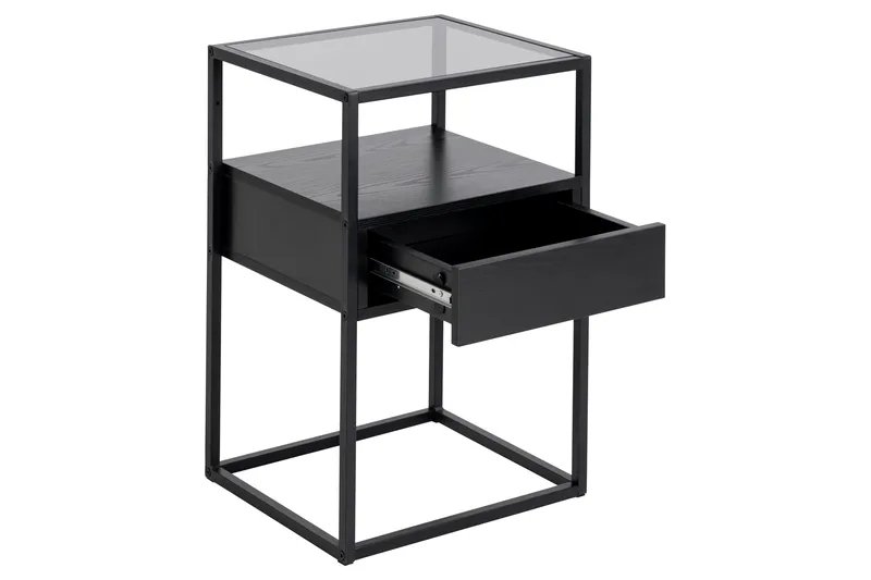 Sakila Nattbord 35 cm i Glass med Valnøttutseende, Oppbevaring med Skuff - Svart - Møbler - Bord - Avlastningsbord - Sengebord & nattbord
