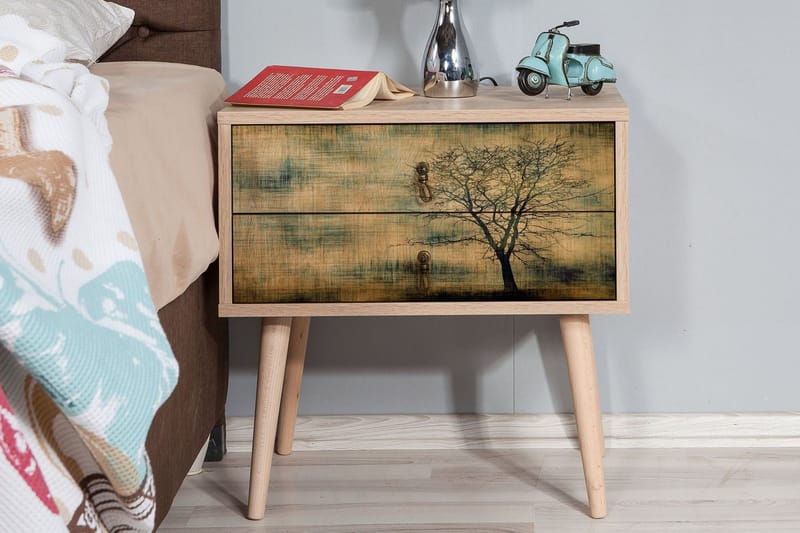 Vellavie Nattbord 60 cm med Oppbevaring 2 Skuffer Tredsilhue - Brun/Grønn - Møbler - Bord - Avlastningsbord - Sengebord & nattbord