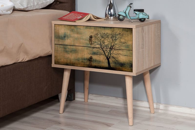 Vellavie Nattbord 60 cm med Oppbevaring 2 Skuffer Tredsilhue - Brun/Grønn - Møbler - Bord - Avlastningsbord - Sengebord & nattbord