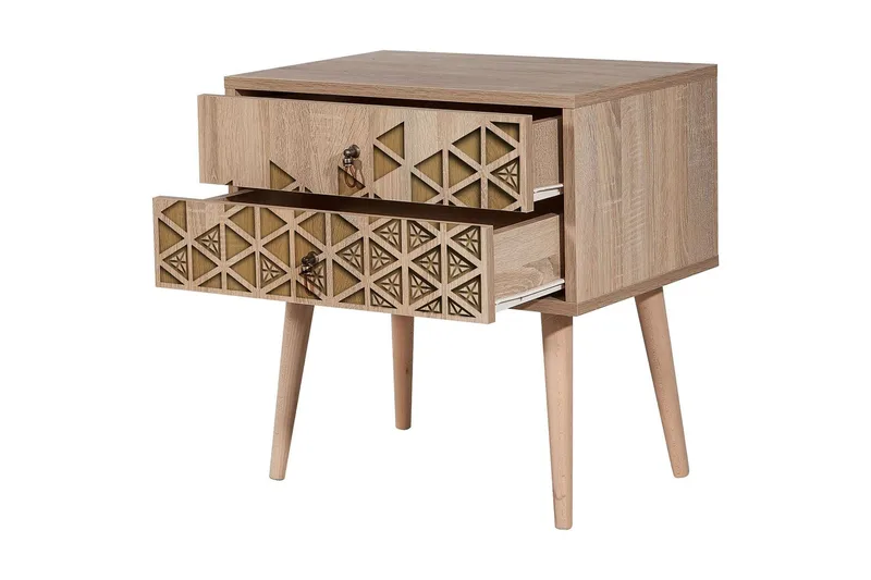 Vellavie Nattbord 60 cm med Oppbevaring 2 Skuffer Trianglar - Brun/Eik - Møbler - Bord - Avlastningsbord - Sengebord & nattbord