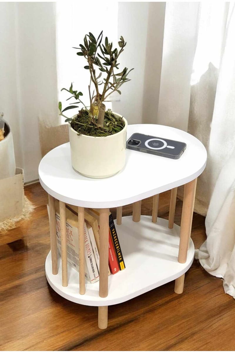 Sidebord Hanah Home Pika (45 x 43 x 30 cm) Hvit natur - Hvit og natur - Møbler - Bord - Avlastningsbord - Lampebord & sidebord