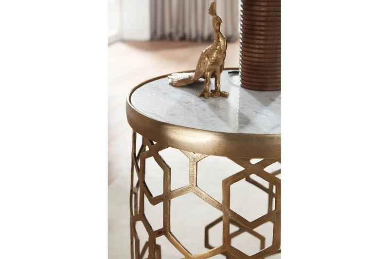 Sidebord Wohnling Ekte marmor, rund, 44 cm, bikubemønstret base, moderne stil - Møbler - Bord - Avlastningsbord - Lampebord & sidebord
