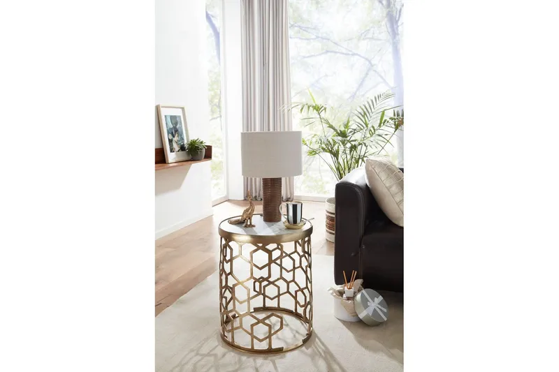 Sidebord Wohnling Ekte marmor, rund, 44 cm, bikubemønstret base, moderne stil - Møbler - Bord - Avlastningsbord - Lampebord & sidebord