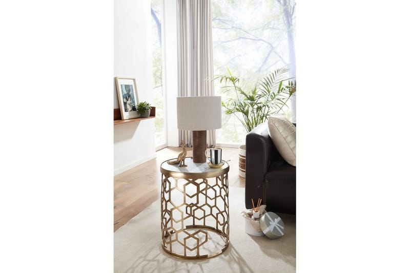 Sidebord Wohnling Ekte marmor, rund, 44 cm, bikubemønstret base, moderne stil - Møbler - Bord - Avlastningsbord - Lampebord & sidebord