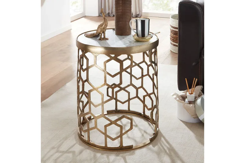 Sidebord Wohnling Ekte marmor, rund, 44 cm, bikubemønstret base, moderne stil - Møbler - Bord - Avlastningsbord - Lampebord & sidebord