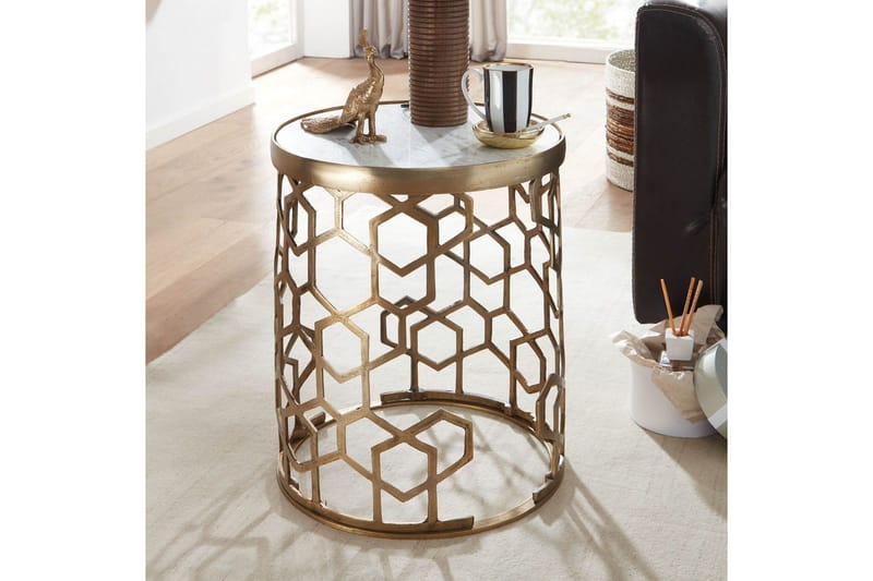 Sidebord Wohnling Ekte marmor, rund, 44 cm, bikubemønstret base, moderne stil - Møbler - Bord - Avlastningsbord - Lampebord & sidebord