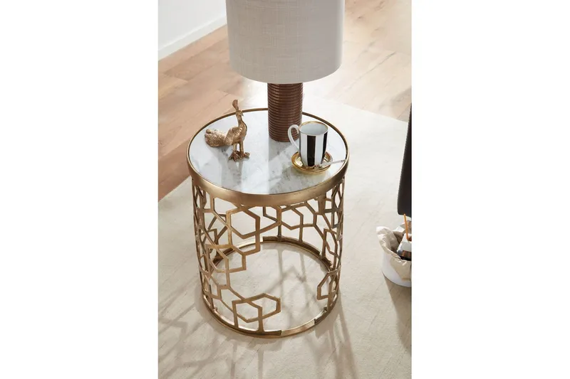 Sidebord Wohnling Ekte marmor, rund, 44 cm, bikubemønstret base, moderne stil - Møbler - Bord - Avlastningsbord - Lampebord & sidebord