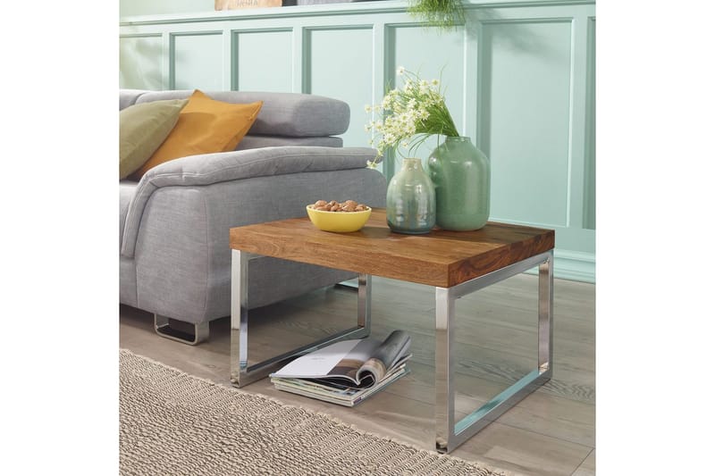 Sidebord Wohnling massivt tre, firkantet med metall kromben, landlig stil 60x60 cm - 60x60 cm - Møbler - Bord - Avlastningsbord - Lampebord & sidebord