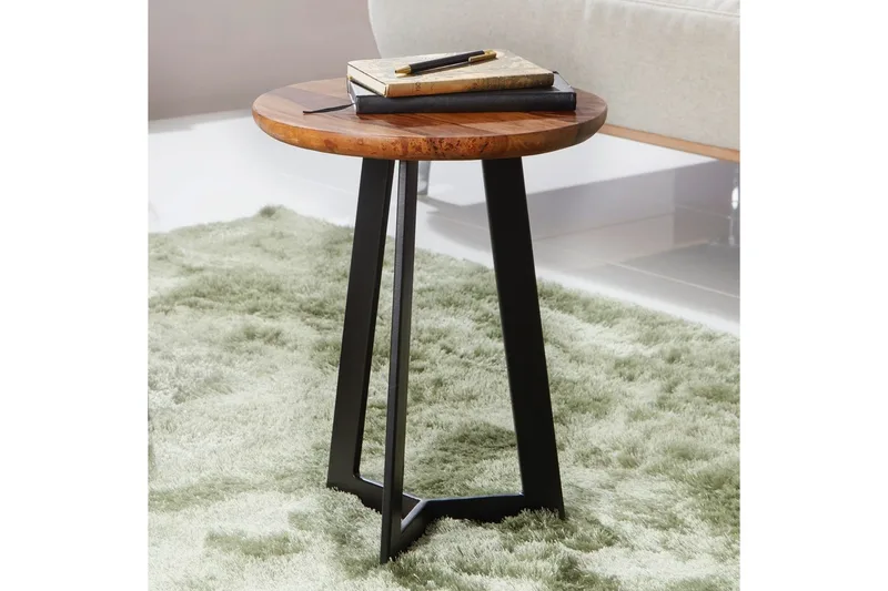 Sidebord Wohnling massivt tre svart metallramme rund 35 cm, industriell loftstil 45 cm - 45 cm - Møbler - Bord - Avlastningsbord - Lampebord & sidebord