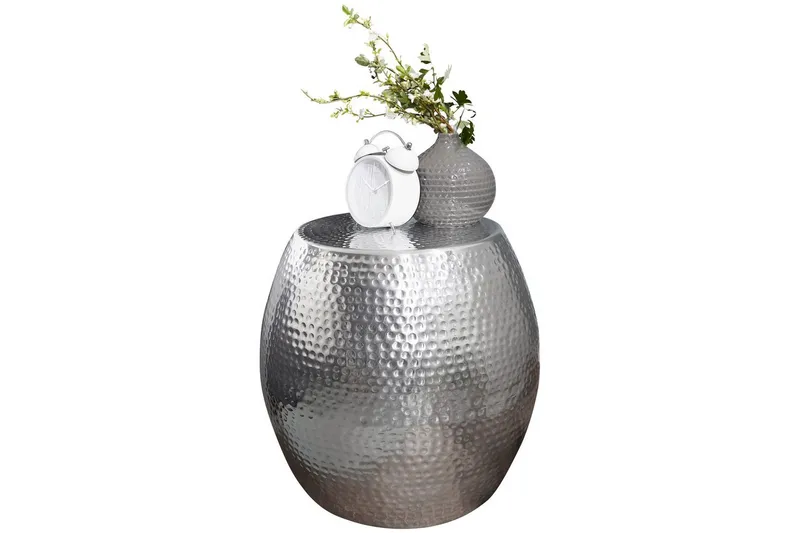 Sidebord Wohnling rund 30 cm, 42 cm høyde, aluminium hammerutseende, orientalsk stil Sølv, Sølv