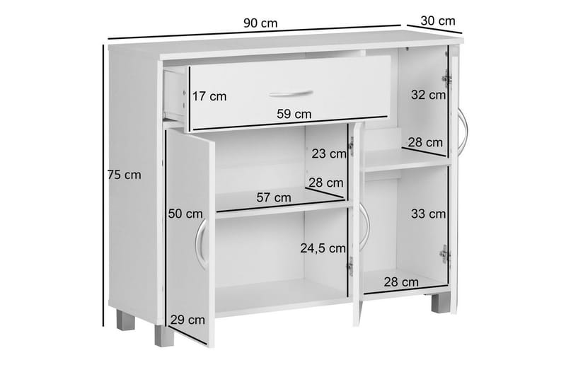 Skjenk Wohnling foliert sponplate 90x75 cm, 3 dører 1 skuff, moderne stil Hvit - Hvit - Møbler - Bord - Avlastningsbord - Gangbord