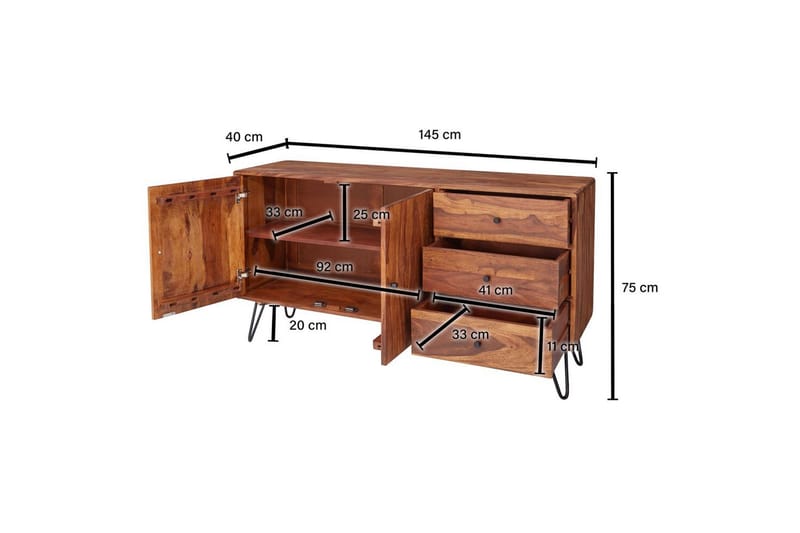 Skjenk Wohnling Heltre 145 cm med 3 skuffer 1 dør Hårnålben Industriell - Møbler - Bord - Avlastningsbord - Konsollbord