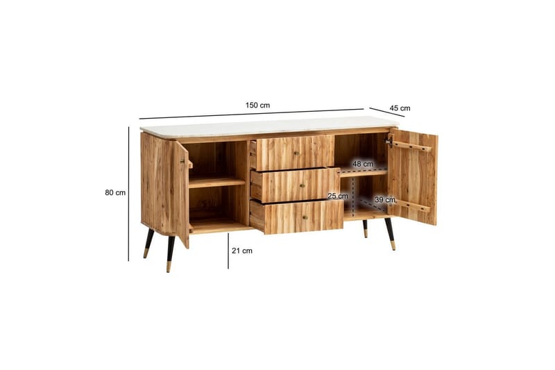 Skjenk Wohnling Heltre Ekte Lønnetre Topp 150 cm 2 Dører 3 Skuffer Moderne - Møbler - Bord - Avlastningsbord - Konsollbord