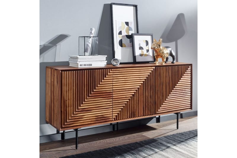 Skjenk Wohnling massivt tre, 3D geometrisk front, push-to-open, industriell loftstil 148 cm - 148 cm - Møbler - Bord - Avlastningsbord - Gangbord