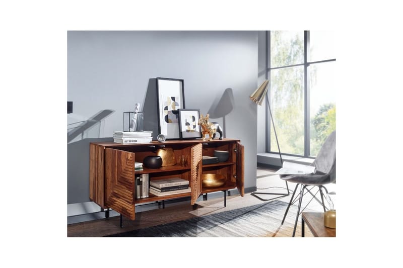 Skjenk Wohnling massivt tre, 3D geometrisk front, push-to-open, industriell loftstil 148 cm - 148 cm - Møbler - Bord - Avlastningsbord - Gangbord