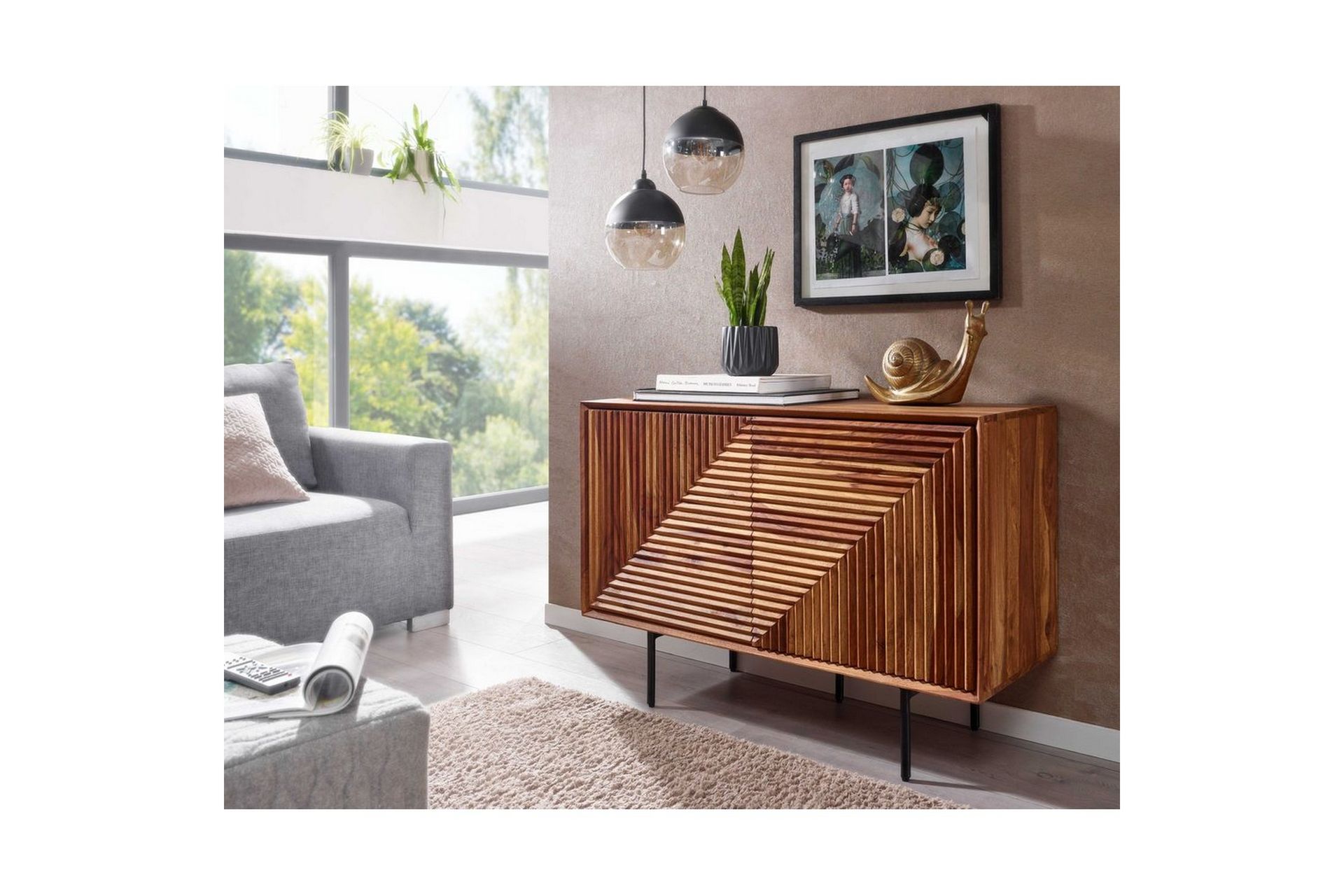 Skjenk Wohnling massivt tre, 3D geometrisk front, push-to-open, industriell loftstil 100 cm - 100 cm - Møbler - Bord - Avlastningsbord - Gangbord