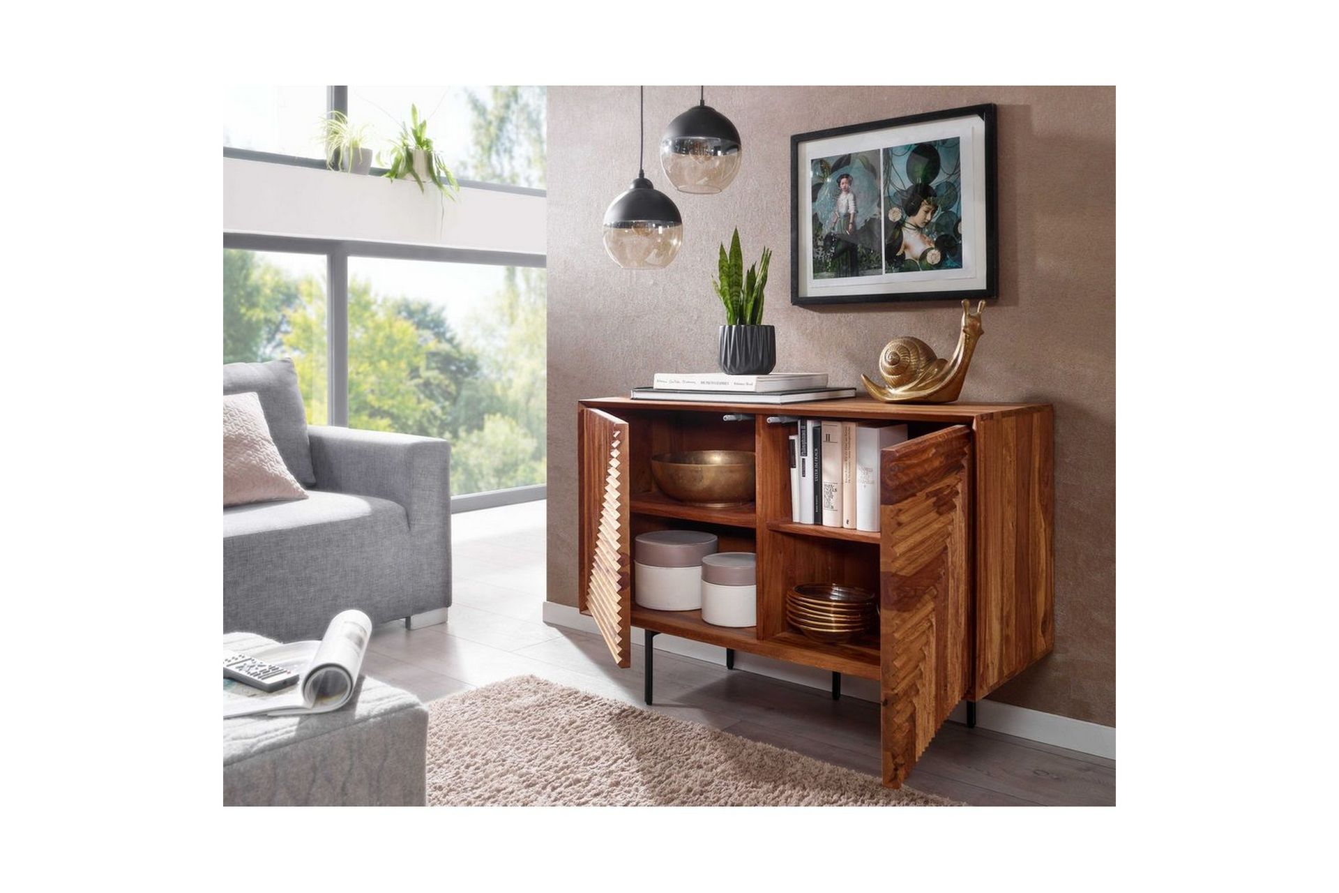 Skjenk Wohnling massivt tre, 3D geometrisk front, push-to-open, industriell loftstil 100 cm - 100 cm - Møbler - Bord - Avlastningsbord - Gangbord