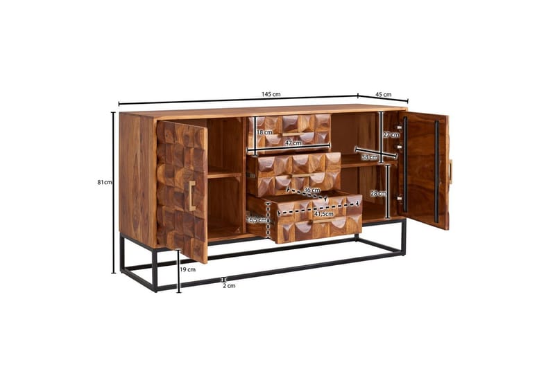 Skjenk Wohnling Massivt treverk design front 145 cm med 2 dører 3 skuffer industriell - Møbler - Bord - Avlastningsbord - Gangbord