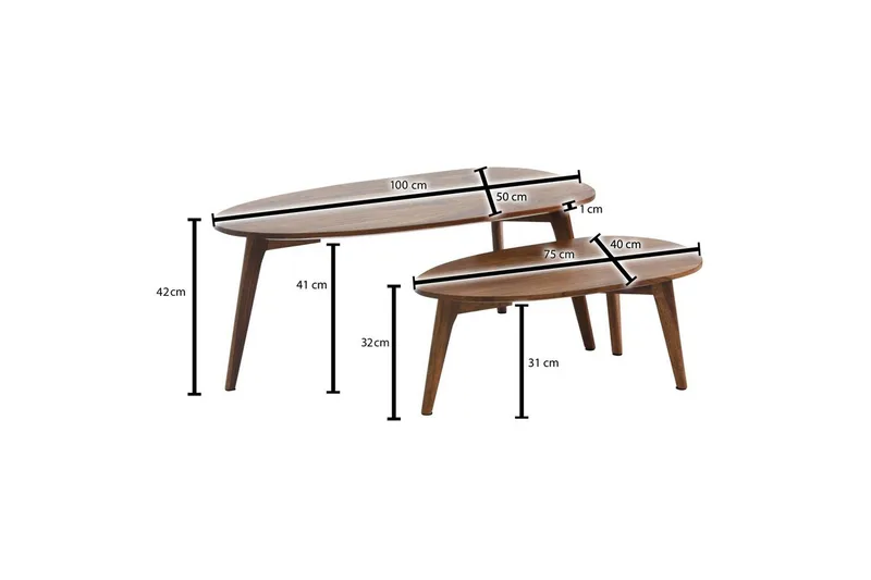 Sofabord Wohnling Sett med 2 nyreformet, massivt treverk, treben i landlig stil mørkebrun - mørkebrun - Møbler - Bord - Avlastningsbord - Settbord