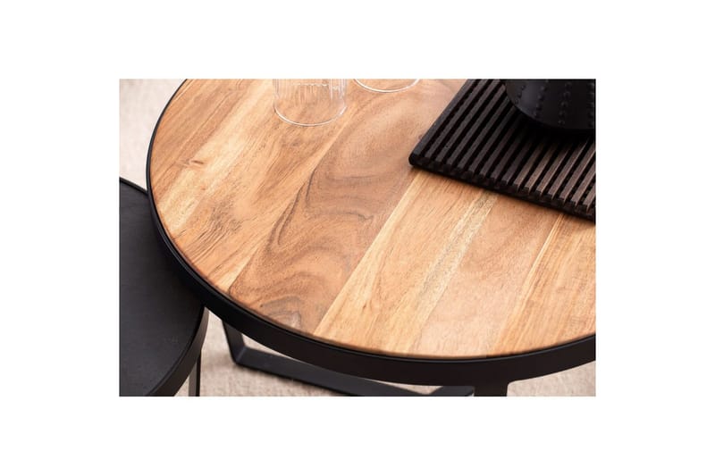 Sofabord Wohnling Sett med 2 runde i heltre og steinoptikk, design metallbase, landlig stil Svart, akasie - Svart, akasie - Møbler - Bord - Avlastningsbord - Settbord