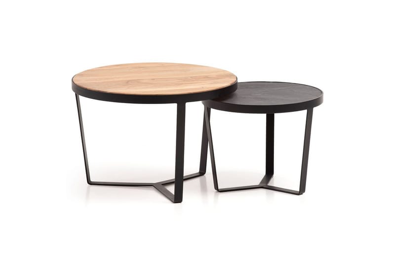 Sofabord Wohnling Sett med 2 runde i heltre og steinoptikk, design metallbase, landlig stil Svart, akasie - Svart, akasie - Møbler - Bord - Avlastningsbord - Settbord