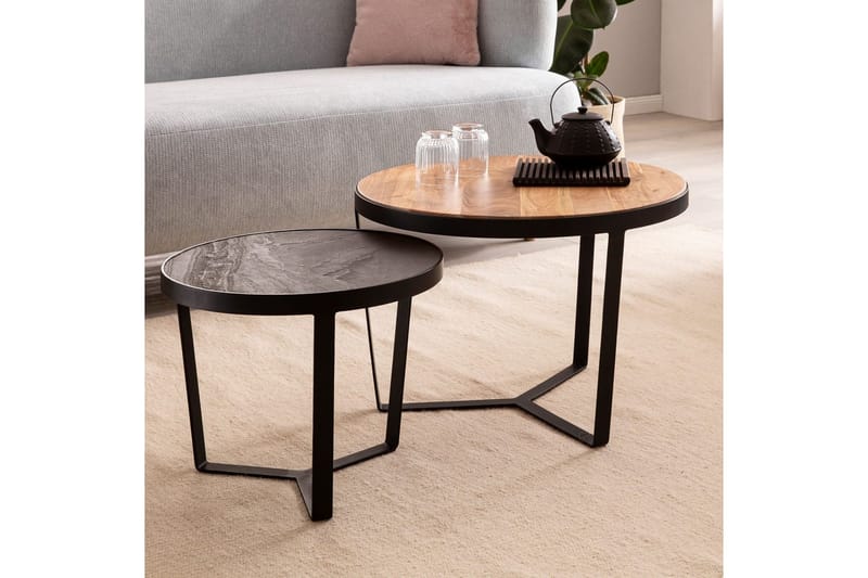 Sofabord Wohnling Sett med 2 runde i heltre og steinoptikk, design metallbase, landlig stil Svart, akasie - Svart, akasie - Møbler - Bord - Avlastningsbord - Settbord