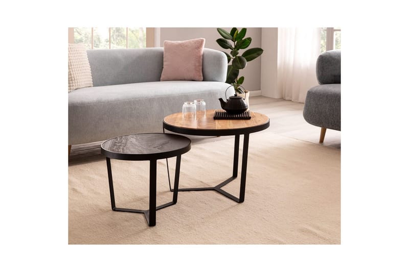 Sofabord Wohnling Sett med 2 runde i heltre og steinoptikk, design metallbase, landlig stil Svart, akasie - Svart, akasie - Møbler - Bord - Avlastningsbord - Settbord
