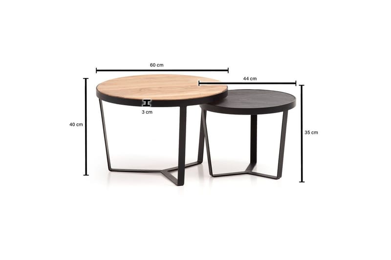 Sofabord Wohnling Sett med 2 runde i heltre og steinoptikk, design metallbase, landlig stil Svart, akasie - Svart, akasie - Møbler - Bord - Avlastningsbord - Settbord