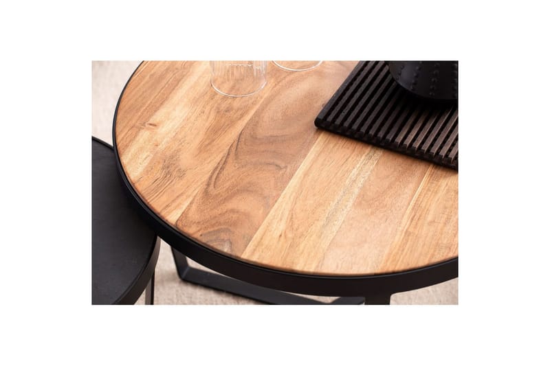 Sofabord Wohnling Sett med 2 runde i heltre og steinoptikk, design metallbase, landlig stil Svart, akasie - Svart, akasie - Møbler - Bord - Avlastningsbord - Settbord