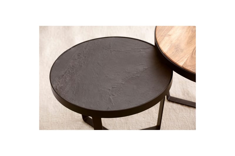 Sofabord Wohnling Sett med 2 runde i heltre og steinoptikk, design metallbase, landlig stil Svart, akasie - Svart, akasie - Møbler - Bord - Avlastningsbord - Settbord