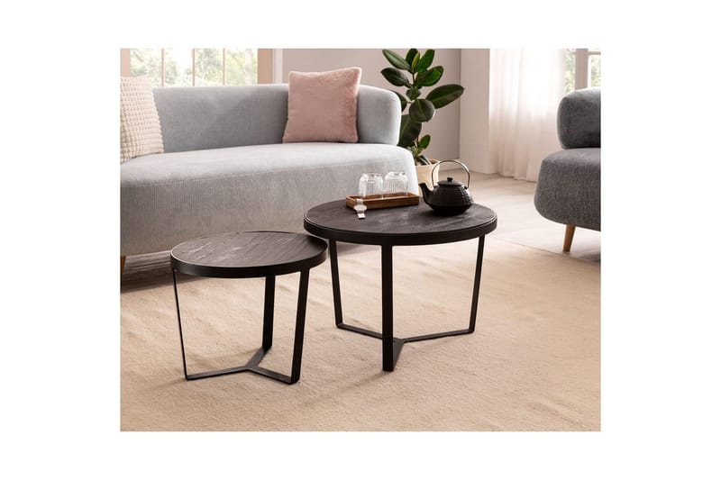 Sofabord Wohnling Sett med 2 runde i heltre og steinoptikk, design metallbase, landlig stil Svart, svart - Svart, svart - Møbler - Bord - Avlastningsbord - Settbord