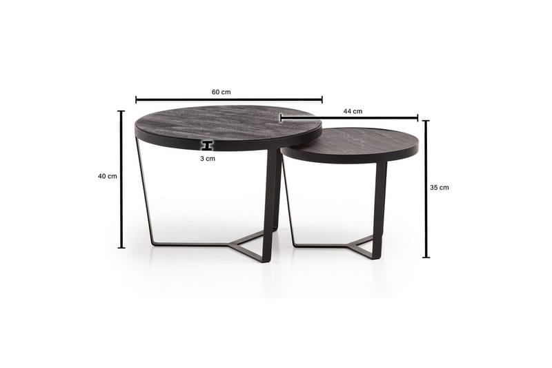 Sofabord Wohnling Sett med 2 runde i heltre og steinoptikk, design metallbase, landlig stil Svart, svart - Svart, svart - Møbler - Bord - Avlastningsbord - Settbord