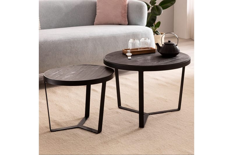 Sofabord Wohnling Sett med 2 runde i heltre og steinoptikk, design metallbase, landlig stil Svart, svart - Svart, svart - Møbler - Bord - Avlastningsbord - Settbord