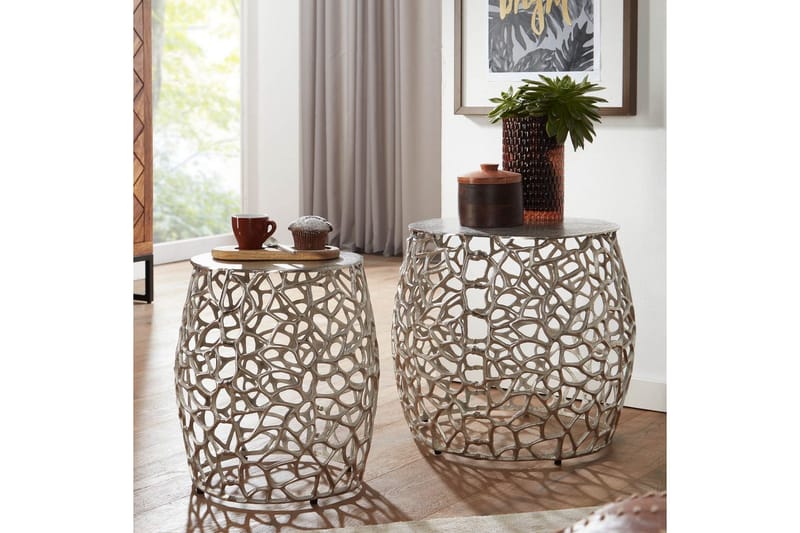 Sofabord Wohnling Sett med 2 støpt aluminium, rund, håndlaget, moderne loftstil Sølv - Sølv - Møbler - Bord - Avlastningsbord - Settbord